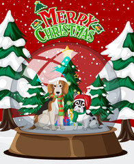 Fototapeta premium Merry Christmas poster with dogs in glass dome winter