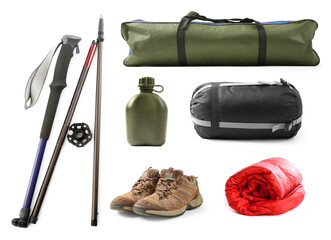 Set with different camping equipment on white background