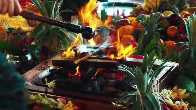 Flowers and fruits for offering at the Yagya fire ceremony hindu