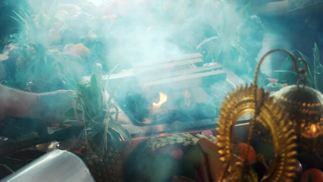 Flowers and fruits for offering at the Yagya fire ceremony hindu