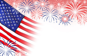 4th of july - Independence Day of USA. American national flag and fireworks on white background, space for design