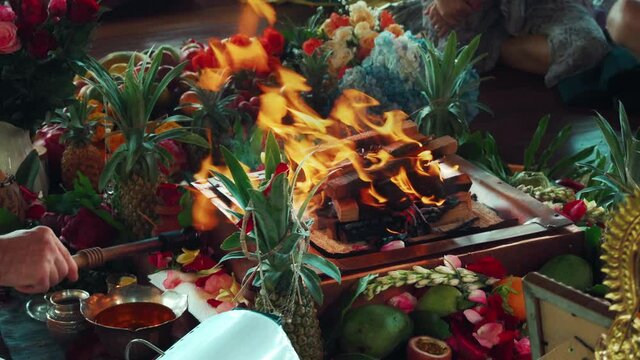 Flowers and fruits for offering at the Yagya fire ceremony hindu