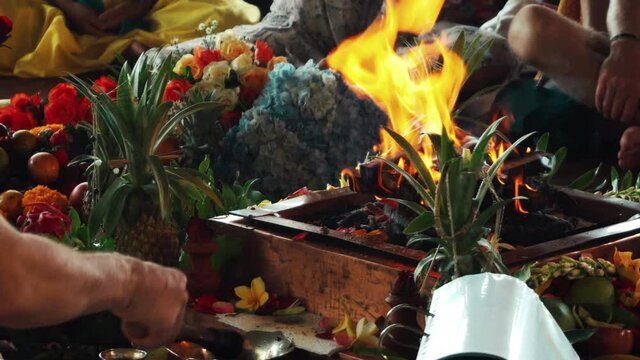 Flowers and fruits for offering at the Yagya fire ceremony hindu