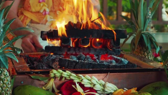 Flowers and fruits for offering at the Yagya fire ceremony hindu