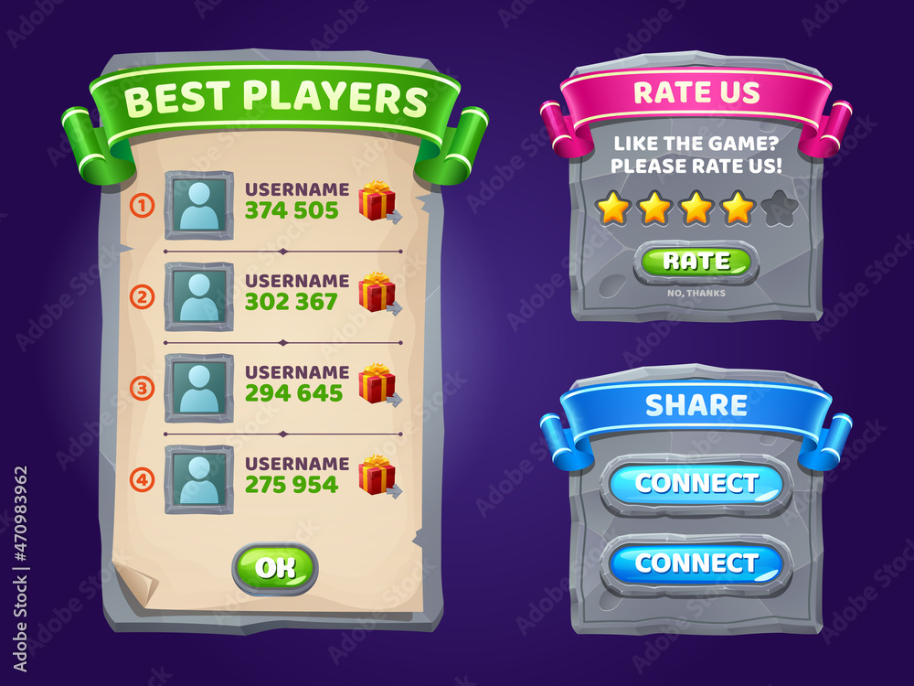 Poster game ui interface boards with best players list, rate and share banners. vector cartoon set of gui e