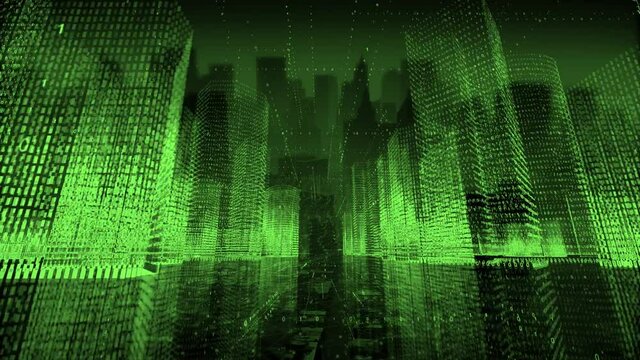 4k Big Data Digital City;Flying Through the Digital binary code urban with Numbers and Grids.3d Blueprint;flowing counters of numbers;Business digital Data;Stock Market;seamless loop. 