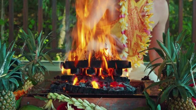 Flowers and fruits for offering at the Yagya fire ceremony hindu
