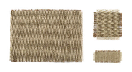 Set with pieces of natural burlap fabric on white background, top view