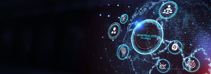 DeFi -Decentralized Finance on dark blue abstract polygonal background. Concept of blockchain, decentralized financial system.3d illustration