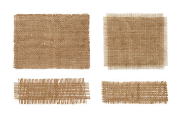 Set with pieces of natural burlap fabric on white background, top view