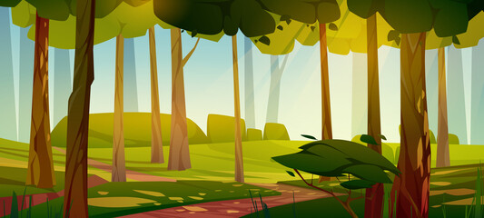 Summer forest with path, green grass, bushes and leaves on trees. Nature scene of garden or natural park in daylight. Vector cartoon illustration of beautiful woods landscape with trail © klyaksun