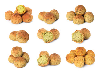 Set with delicious deep fried falafel balls on white background