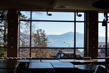 Winter resort Sheregesh, Mount Zelenaya or Mustag. Switzerland in siberia, beauty of nature, ski resort before the start of the season