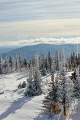 Winter resort Sheregesh, Mount Zelenaya or Mustag. Switzerland in siberia, beauty of nature, ski resort before the start of the season