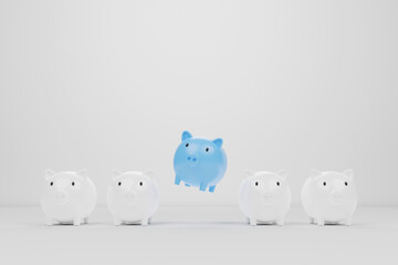 Piggy bank light blue colour outstanding among piggy bank white on white background. Concept of save money and investment. 3d illustration