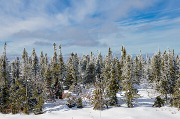 Winter resort Sheregesh, Mount Zelenaya or Mustag. Switzerland in siberia, beauty of nature, ski resort before the start of the season