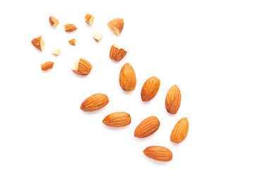Top View Almonds isolated on white background.