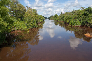Canal on the Kapuas River, Central Kalimantan, at noon, with tropical forest along the river canal.