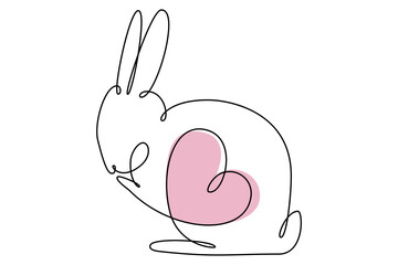 Easter bunny with heart continuous one line drawing. Rabbit simple image. Minimalist vector illustration.