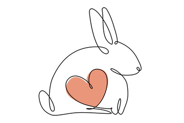 Easter bunny with heart continuous one line drawing. Rabbit simple image. Minimalist vector illustration.
