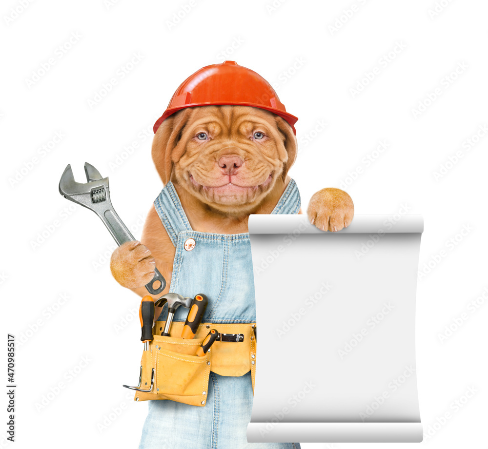 Poster Funny puppy wearing hardhat and  overalls with tool belt holds adjustable wrench and shows empty list. Isolated on white background