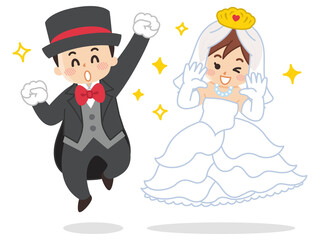 洋装の新郎新婦がジャンプしている