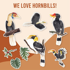 Sticker template with hornbill bird concept,watercolor style © photographeeasia