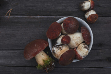boletus mushrooms on an old wooden background top view