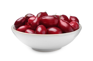 Fresh ripe dogwood berries in bowl on white background