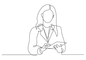 Woman with Tablet Continuous Line Art Drawing. Abstract Female Figure One Line Drawing for Wall Art, Fashion Prints, Posters. Art Sketch, Trendy Single Line Art, Poster. Vector EPS 10