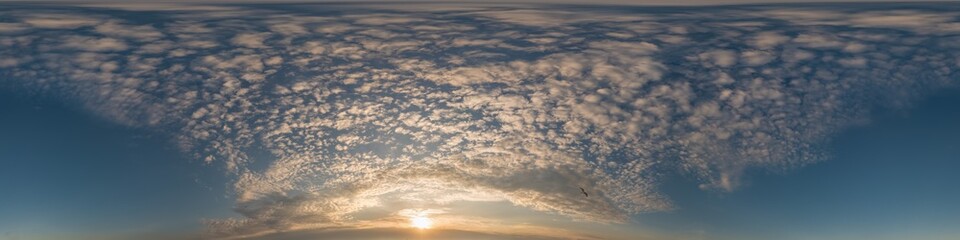 Dark blue sunset sky pano with Cirrus clouds. Seamless hdr panorama in spherical equirectangular format. Complete zenith for 3D visualization, game and sky replacement for aerial drone 360 panoramas.
