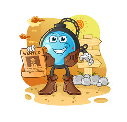 compass cowboy with wanted paper. cartoon mascot vector