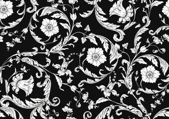 Seamless pattern, background. Colored vector illustration. In baroque, rococo, victorian, renaissance medieval style. In decorative style. Ethnic patterned ornate hand drawn. - obrazy, fototapety, plakaty