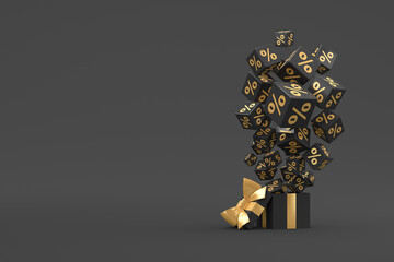 Black Friday. Open gift box and cubes with the image of percent on a black background. 3d render illustration.