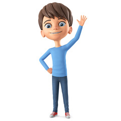 Cartoon character boy in a blue sweater greets with his hand up. 3d render illustration.