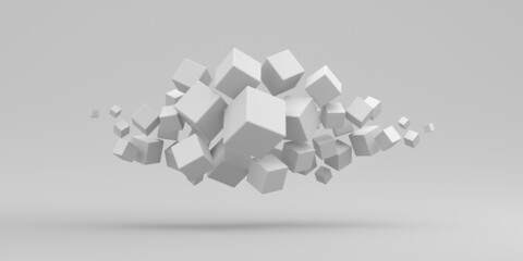 Abstraction background. Many flying cubes on a white background. 3d render illustration.
