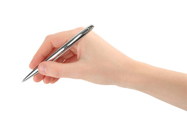 Woman holding pen on white background, closeup