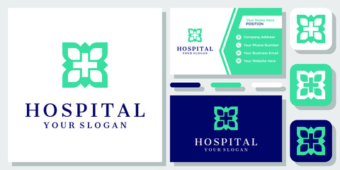 Cross Plus Medical Leaf Nature Hospital Health Care Green Logo Design with Business Card Template
