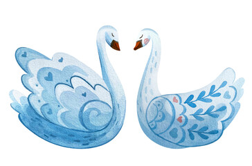 Set of swans for valentines. Watercolor isolates in a naive style.