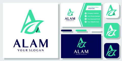Initial Letter A Leaf Nature Beauty Green Natural Floral Plant Logo Design with Business Card Template