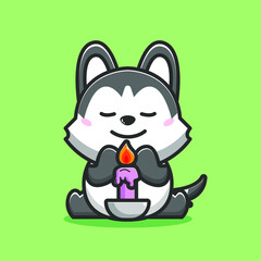 dog Siberian Husky praying with purple candle