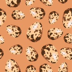 Seamless pattern of a quail egg on a light brown background.Vector pattern can be used in textiles, packaging, labels, poultry farming.
