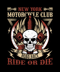 Vintage motorcycle club t-shirt vector design and illustration, tee, graphic art, logo art, skull and pistone with wings, poster, banner design for quotes: New York motorcycle clue 1976 road race, rid