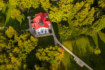 Aerial view of Leelanau state park, and Historic Grand Traverse lighthouse in Michigan .