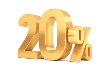 20% off on sale. Gold percent isolated on white background. 3d rendering.