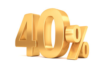 Gold percent isolated on white background. 40% off on sale. 3d rendering.