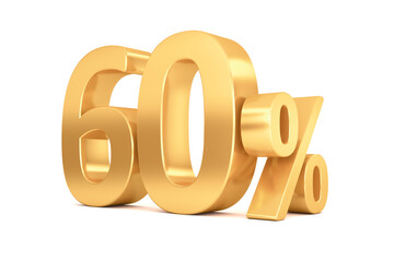 Gold percent isolated on white background. 60% off on sale. 3d rendering.