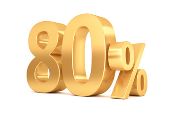 Gold percent isolated on white background. 80% off on sale. 3d rendering.
