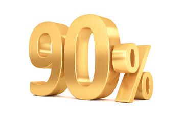 Gold percent isolated on white background. 90% off on sale. 3d rendering.