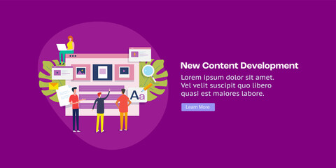 Business people working on web content development, new content design and digital marketing strategy analysis, social media content. Web banner template.